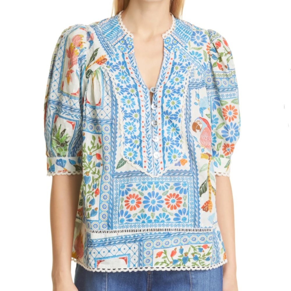 NWT $170 FARM Rio Tropical Tiles Split Neck Blouse in size XS!